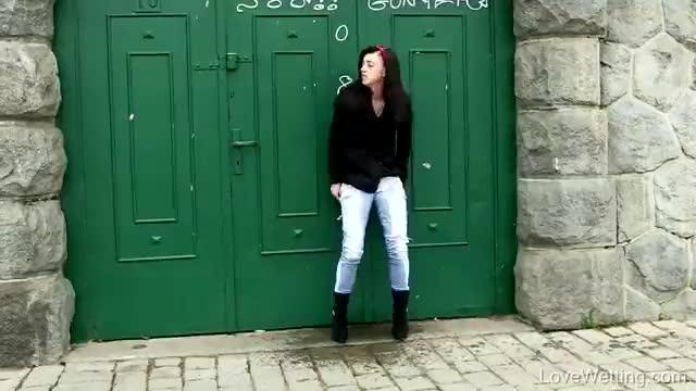 Bursting to pee in public, pretty young girl can't find any place for loo